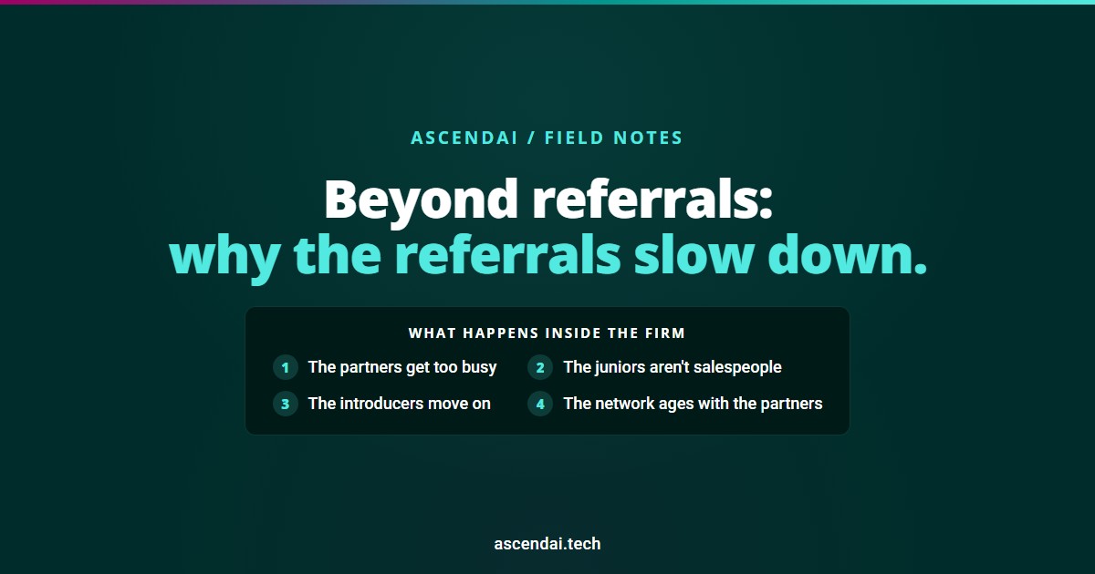 Beyond referrals: why the referrals slow down. The partners get too busy, the juniors aren't salespeople, the introducers move on, and the network ages with the partners
